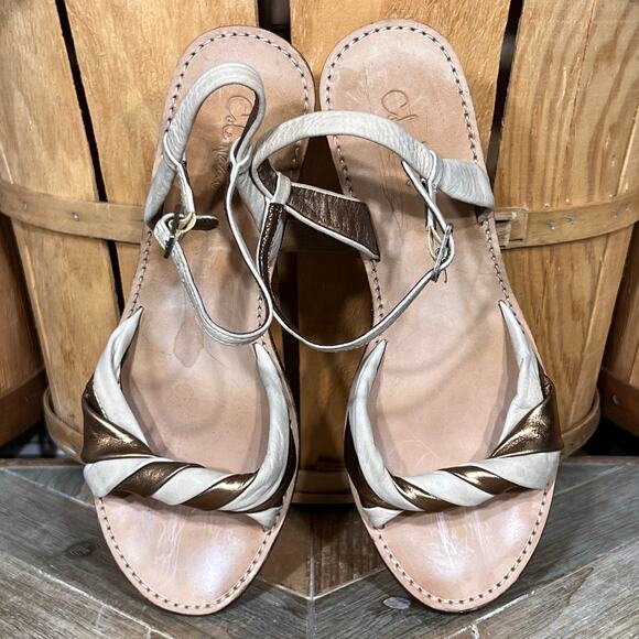 Cole Haan NikeAir Tan Gold Metallic Leather Stacked Wedge Heel Sandal Women 8.5 - Picture 9 of 11